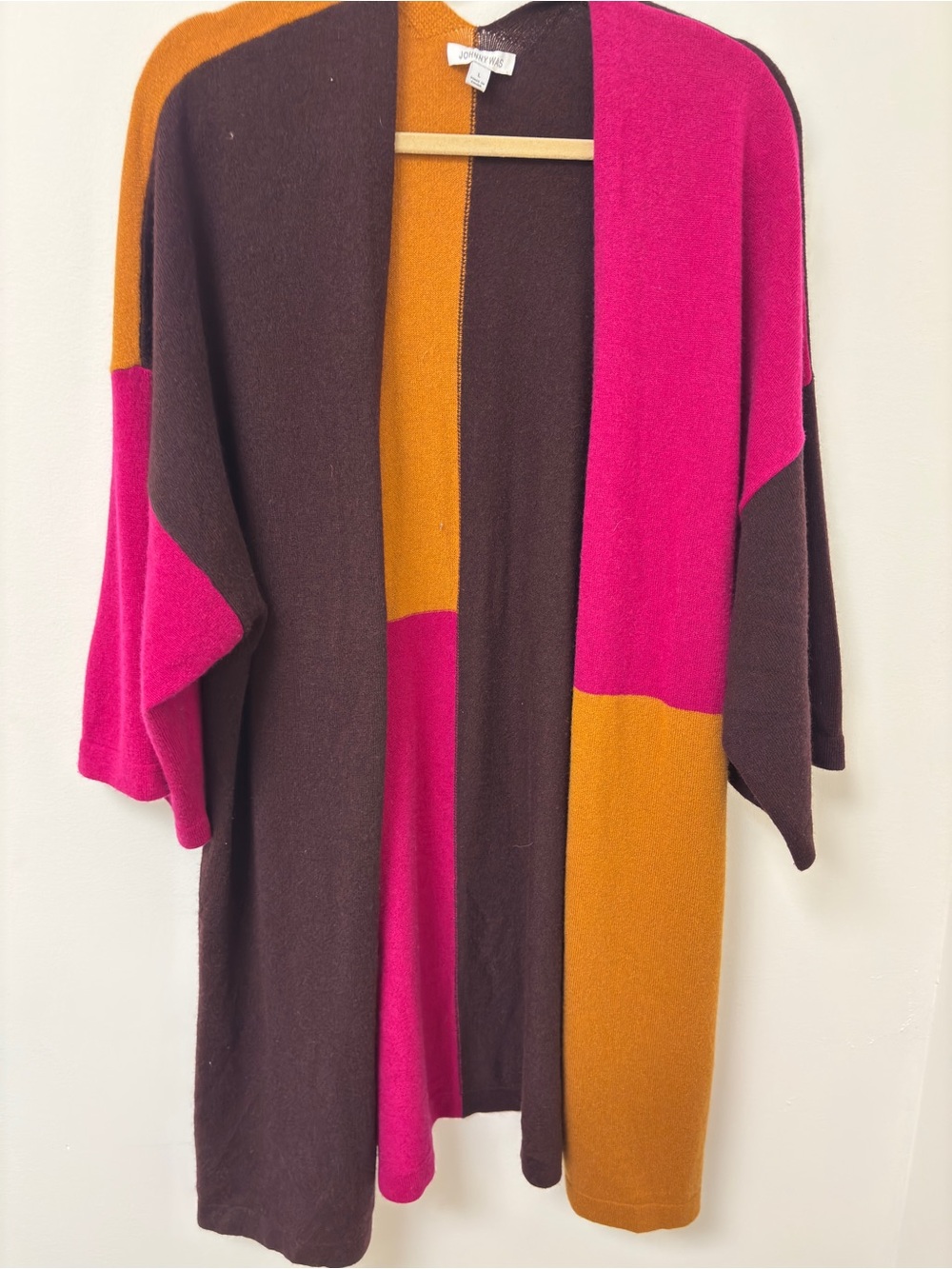 Johnny Was Colorblock Open-Front Cardigan in Pink, Brown & Mustard